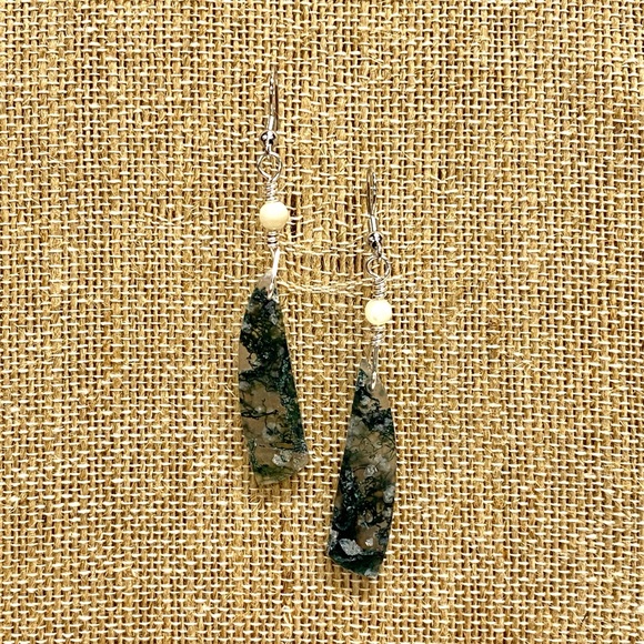 HANDCRAFTED Moss Agate & Mother of Pearl Hand Wrapped Casual Earrings, Gift Her - Picture 9 of 10